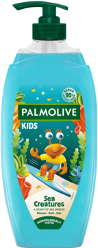 Palmolive Kids Sea Creatures 3w1 żel do mycia, błękitna butelka z zieloną pompką i krabem na desce.