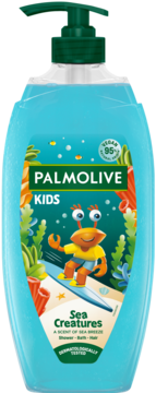 Palmolive Kids Sea Creatures 3w1 żel do mycia, błękitna butelka z zieloną pompką i krabem na desce.