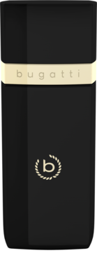 Czarna butelka perfum Bugatti Eleganza Intensa z złotym paskiem 'bugatti' i złotym logo 'b' z wieńcem, widok z przodu.