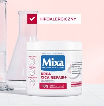 Mixa Urea Cica Repair+ krem z mocznikiem i niacynamidem w białej tubie, widok z przodu, z etykietą hipoalergiczną.