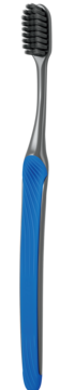 Szczoteczka Colgate Slim Soft Charcoal Ultra Soft, szara z niebieskim teksturowanym uchwytem, czarne włosie.