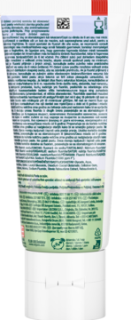 Tył biało-zielonej tubki pasty Colgate First Smiles truskawka, z drobnym tekstem, QR kodem i logo pandy.