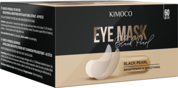 Kimoco Beauty hydrożelowe płatki pod oczy Black Pearl, czarno-złote pudełko 60 sztuk, widok z boku.