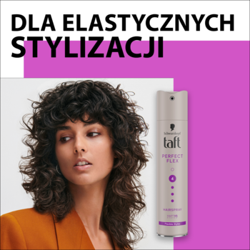 Kobieta z kręconymi włosami i fioletowy lakier Taft Perfect Flex. Nagłówek: DLA ELASTYCZNYCH STYLIZACJI.