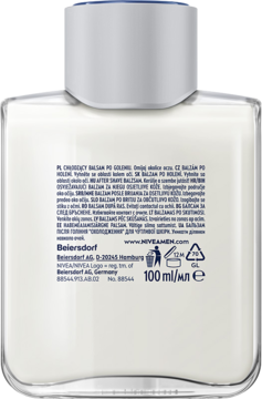 NIVEA MEN Sensitive Cool chłodzący balsam po goleniu, tył szklanej butelki z etykietą, 100 ml.