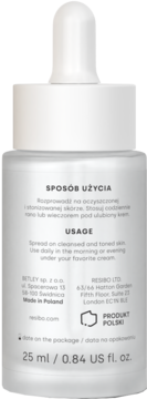 Tył białej butelki serum peptydowego Resibo Aqua Glaze z pipetą, widoczna instrukcja i pojemność 25 ml.