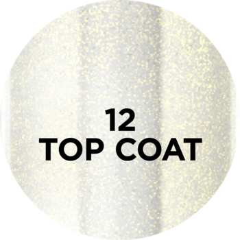 Okrągła etykieta/wzornik z napisem '12 TOP COAT' w czarnym kolorze na jasnym, brokatowym tle.