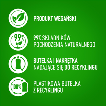 Zielony obraz z ikonami i tekstem: wegański płyn uniwersalny, 99% naturalnych składników, butelka 100% z recyklingu.