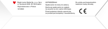 Spód pudełka puzzli edukacyjnych Czuczu Co robimy w domu, z ostrzeżeniami, adresem i znakiem CE.