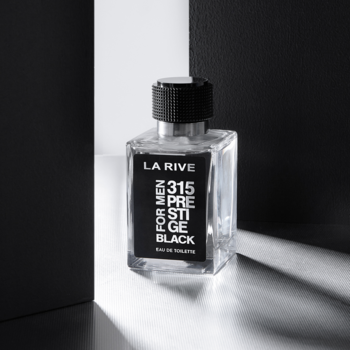 La Rive 315 Prestige Black woda toaletowa, prostokątna butelka z czarną etykietą i nakrętką, na ciemnym tle.