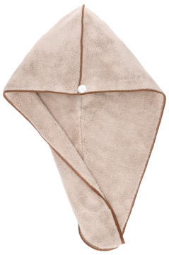 Chłonny beżowy turban do włosów z miękkich mikrowłókien, złożony w trójkąt, z guzikiem i brązową lamówką.