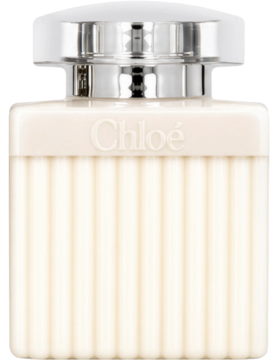 Balsam do ciała Chloé Signature, kremowa butelka z żebrowaną teksturą i srebrną zakrętką, widok z przodu.