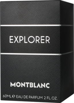 Czarne, teksturowane pudełko Montblanc Explorer, woda perfumowana dla mężczyzn, widok z przodu, białe napisy, srebrne linie.