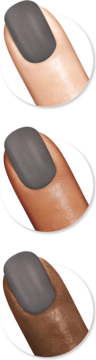 Zbliżenie na szary lakier Sally Hansen Insta-Dri® Extrava-Grey z brokatem na paznokciach o trzech odcieniach skóry.