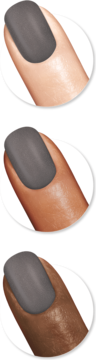 Zbliżenie na szary lakier Sally Hansen Insta-Dri® Extrava-Grey z brokatem na paznokciach o trzech odcieniach skóry.