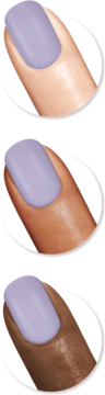 Zbliżenie na lakier Sally Hansen Insta-Dri Lavish Lilac, lawendowy z brokatem, na paznokciach różnych karnacji.