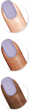 Zbliżenie na lakier Sally Hansen Insta-Dri Lavish Lilac, lawendowy z brokatem, na paznokciach różnych karnacji.