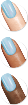 Trzy zbliżenia palca z lakierem Sally Hansen Insta-Dri 62 Glos-Sea: jasnoniebieski błyszczący na różnych skórach.