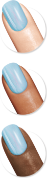 Trzy zbliżenia palca z lakierem Sally Hansen Insta-Dri 62 Glos-Sea: jasnoniebieski błyszczący na różnych skórach.