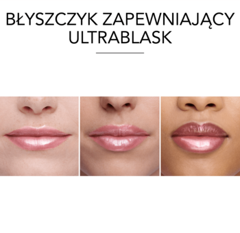 Błyszczyk Bourjois Fabuleux Gloss w odcieniu 10. Trzy modelki prezentują połyskujący, różowy błyszczyk na ustach, z bliska.