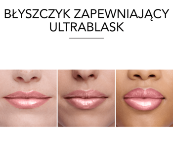 Trzy zbliżenia ust z błyszczykiem Bourjois Fabuleux Gloss nr 11 w ciepłym, różowym odcieniu, zapewniającym ultrablask.