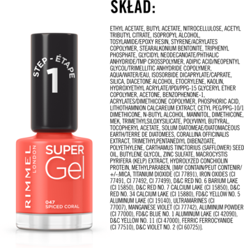 Rimmel Super Gel lakier 047 Spiced Coral, butelka w intensywnym koralowym odcieniu, widok z przodu.