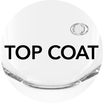 Eveline Gel Laque Top Coat 2w1: okrągły, błyszczący detal z napisem TOP COAT i dwoma pierścieniami.