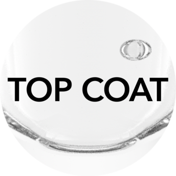 Eveline Gel Laque Top Coat 2w1: okrągły, błyszczący detal z napisem TOP COAT i dwoma pierścieniami.