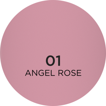 Różowy, okrągły swatch matowej pomadki Eveline Wonder Match 01 Angel Rose, z numerem i nazwą.