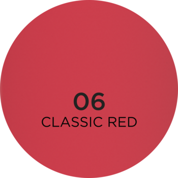 Czerwony, okrągły swatch pomadki Eveline Wonder Match 06 Classic Red z matowym wykończeniem.