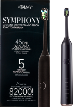Dwie czarne szczoteczki soniczne Vitammy Symphony: jedna przy pudełku, druga obok. Widoczne 45 dni pracy.