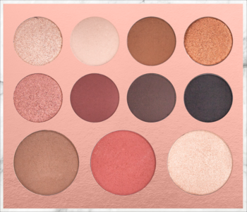 Paleta makijażu Brush UP! Sun Chaser, różowozłota z marmurem: 12 okrągłych cieni, różu, bronzera, rozświetlacza.