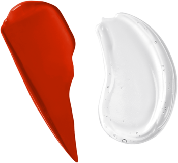NYX Shine Loud: próbki, czerwona, błyszcząca baza i przezroczysty, żelowy top coat na tle pomarańczowym.