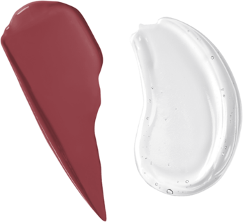 NYX Shine Loud: próbki ciemnobordowej bazy i błyszczącego przezroczystego top coatu na różowym tle.