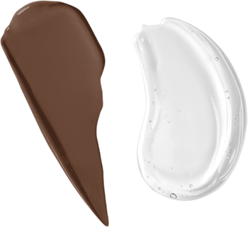 Smugi dwustronnej pomadki NYX Shine Loud: ciemnobrązowa, kremowa baza i bezbarwny, ultra błyszczący top coat.