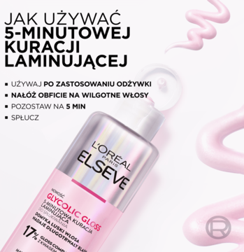 L'Oréal Elseve Glycolic Gloss 5-minutowa kuracja laminująca, różowa butelka z białym korkiem, widok z przodu.