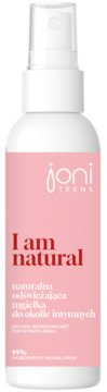 JONI TEENS Naturalna odświeżająca mgiełka intymna w białej butelce spray z różową etykietą, front.