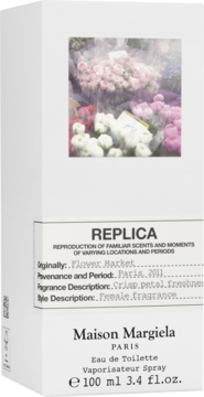 Maison Margiela Replica Flower Market EDT 100ml, białe opakowanie z grafiką kwiatów, świeży, kobiecy zapach, przodem.