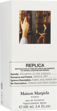 Białe pudełko Maison Margiela Replica Whispers in the Library EDT 100ml, unisex, z nutami papieru i drewna.