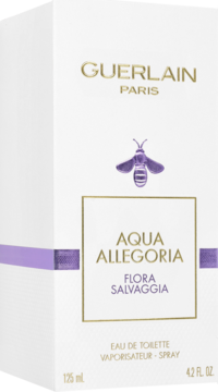 Guerlain Aqua Allegoria Flora Salvaggia EDT, białe pudełko z fioletową pszczołą i złotym napisem, widok z boku.