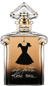 Guerlain La Petite Robe Noire, butelka z bursztynowym płynem i czarną sukienką, widok z przodu, ozdobny korek.