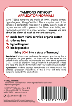 Różowy tył opakowania tamponów JONI TEENS bez aplikatora Normal, z tekstami o bawełnie organicznej.