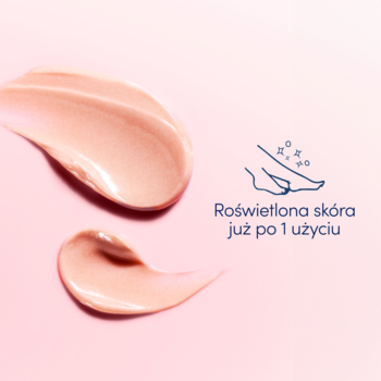 Dwie lśniące próbki balsamu Dove Body Love Glow & Shine na różowym tle z ikoną o rozświetlonej skórze.
