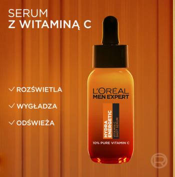 L'Oréal Men Expert Hydra Energetic serum z witaminą C, pomarańczowa butelka z dropperem na energetycznym tle.