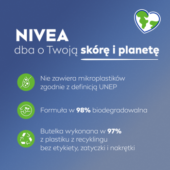NIVEA, grafika z niebieskim tłem, opisująca eko-aspekty: brak mikroplastików, biodegradalna formuła, butelka z recyklingu.