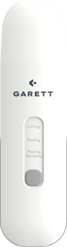 Biały Garett Beauty Breeze Scrub, urządzenie do peelingu kawitacyjnego z logo, panelem trybów i szarym przyciskiem.