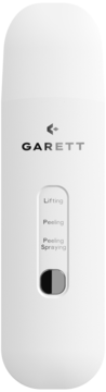Białe urządzenie do peelingu kawitacyjnego Garett Beauty Breeze Scrub, z napisem GARETT i trybami Lifting, Peeling.