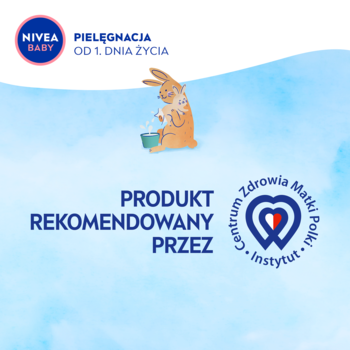 NIVEA BABY, Pielęgnacja od 1. dnia życia. Grafika z królikiem, tekst: "Produkt rekomendowany przez Instytut Matki Polki."