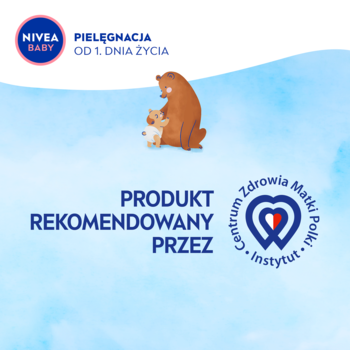 Promocyjna grafika NIVEA BABY na niebieskim tle: misie, logo Instytutu Matki Polki, pielęgnacja od 1. dnia życia.