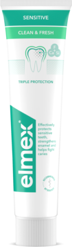 Biała tubka pasty Elmex Sensitive Clean & Fresh. Chroni wrażliwe zęby, wzmacnia szkliwo, potrójna ochrona.